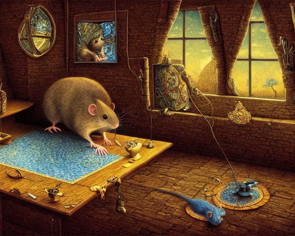 Anthropomorphic rat in detailed cozy room with cheese and tools
