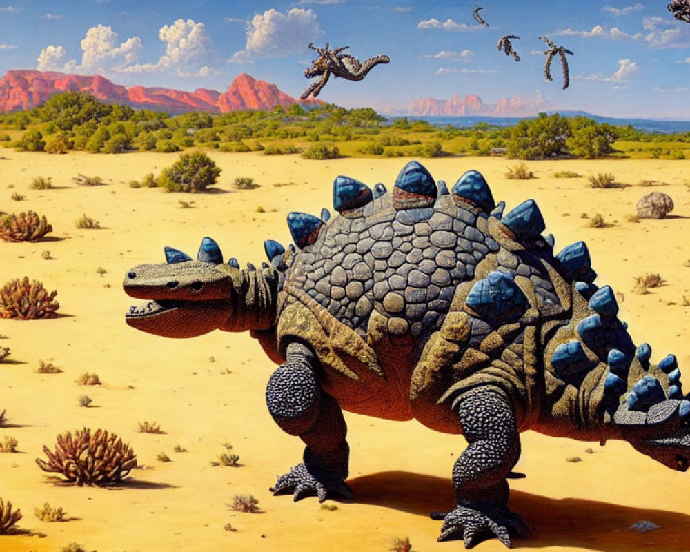 Surreal painting: Tortoise with shell of smaller turtles in desert scene