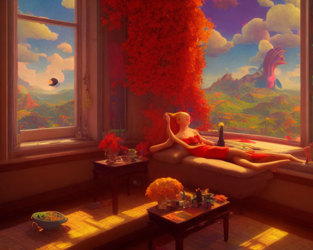 Autumnal landscape with reclining humanoid figure in sunlit room