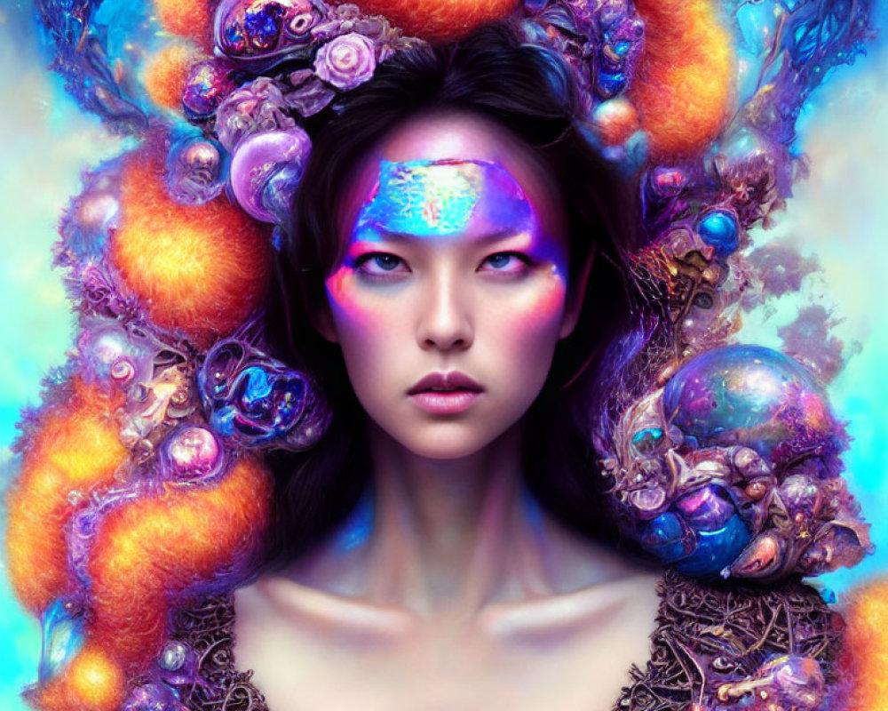 Colorful portrait of woman with purple skin and cosmic-themed headdress