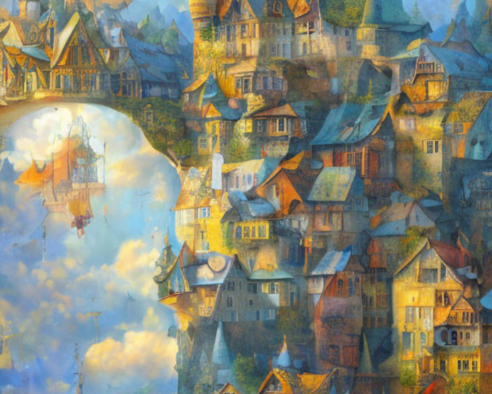 Vertical Cityscape Painting with Towers, Airships, and Reflective Water