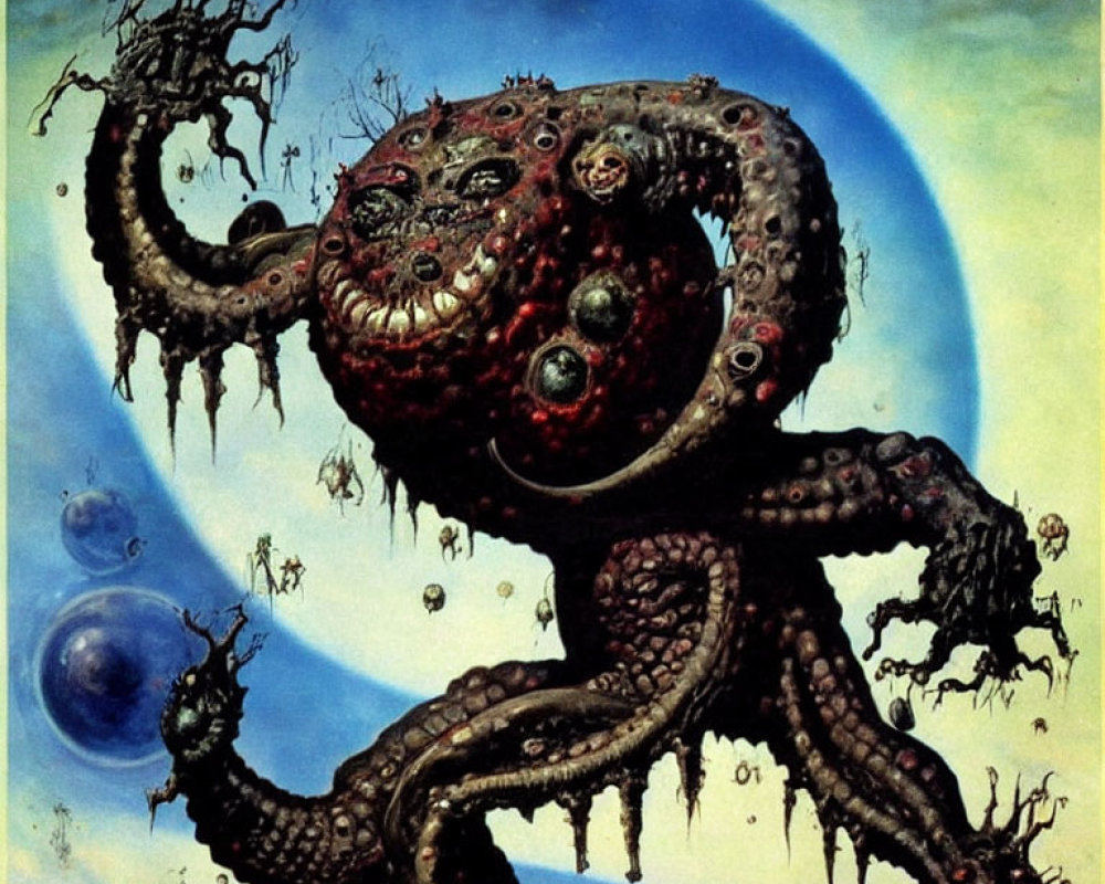 Surreal painting: Monstrous octopus-like creature with multiple eyes and faces in cosmic setting