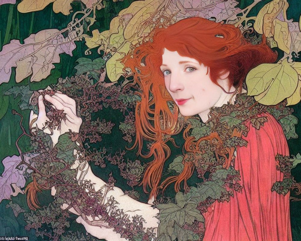 Red-haired person in floral Art Nouveau setting with serene expression