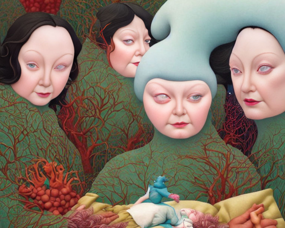 Surreal artwork featuring stylized female faces, vibrant flora, and a small blue creature beside sleeping