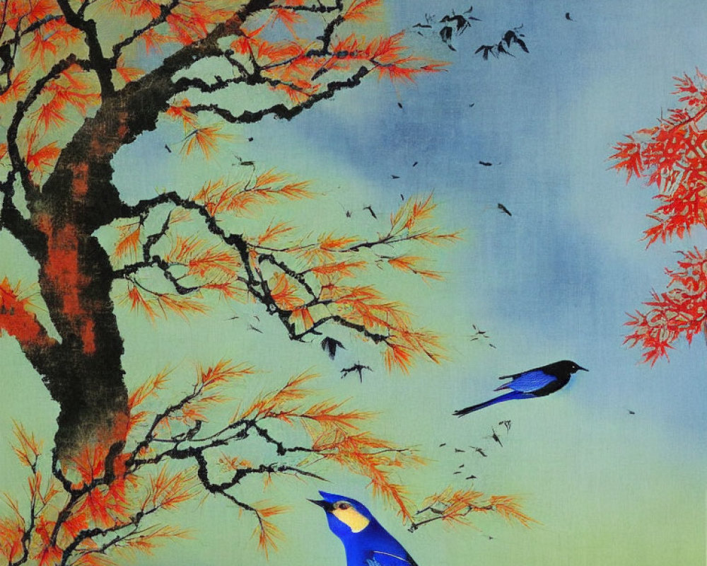 Vibrant blue birds on tree branches with orange leaves in serene setting