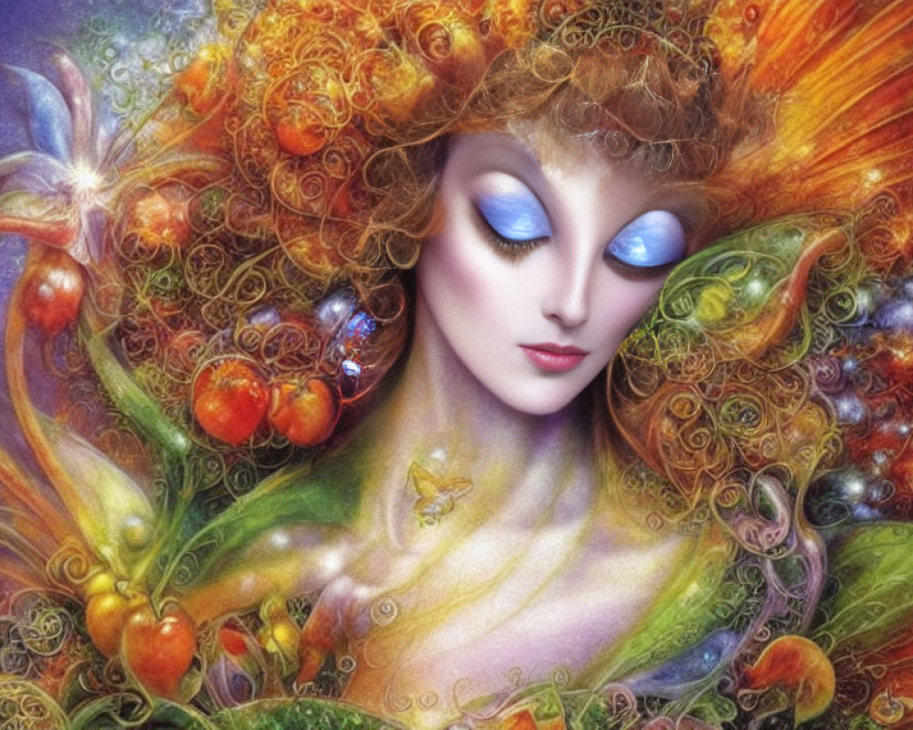 Colorful fantasy artwork of woman with orange hair in celestial setting