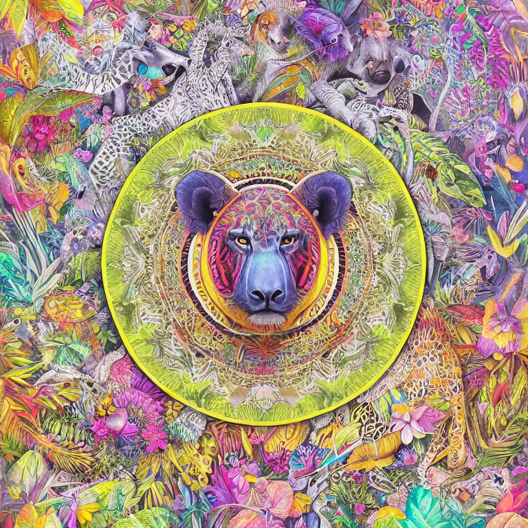 Colorful Leopard Face Surrounded by Animals and Flora in Psychedelic Style