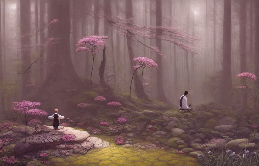Mystical forest with pink flowering trees, martial arts and meditation in soft light.