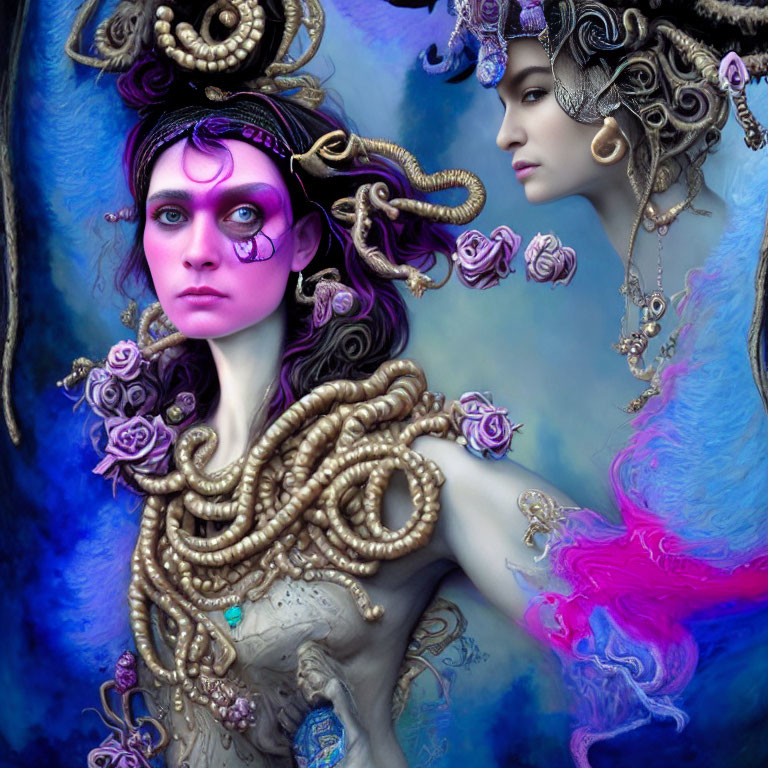 Fantasy figures with serpentine hair in blue and pink tones