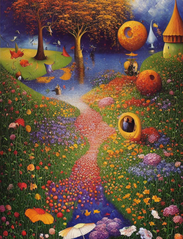 Colorful Flower Path Leading to Fantasy Landscape with Spherical Structures