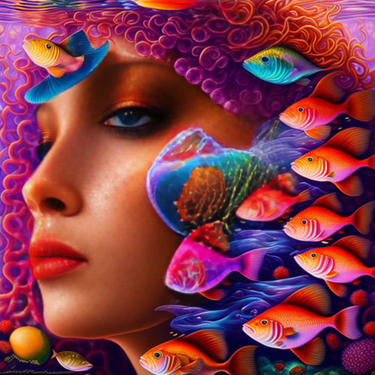 Colorful digital artwork: Woman's profile with fish and patterns