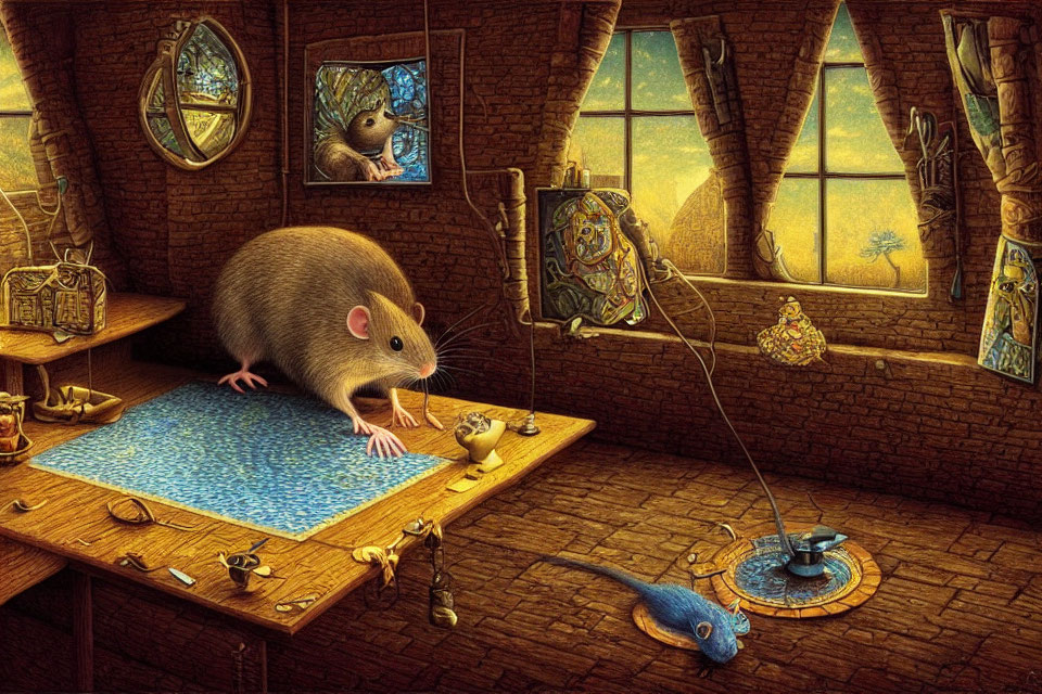 Anthropomorphic rat in detailed cozy room with cheese and tools