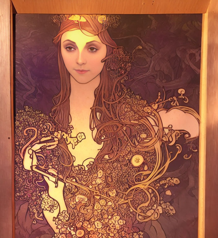 Stylized portrait of a woman with flowing hair and ornate designs in warm hues
