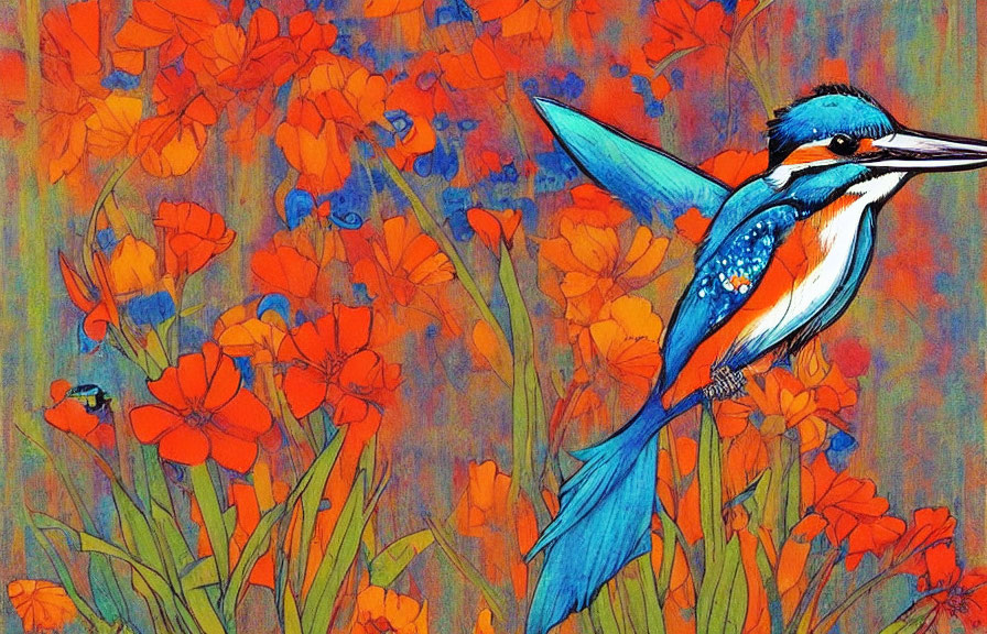 Vibrant kingfisher illustration with orange flowers on textured background