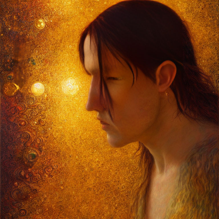Person with Long Hair on Golden Textured Background with Circular Patterns and Light Orbs
