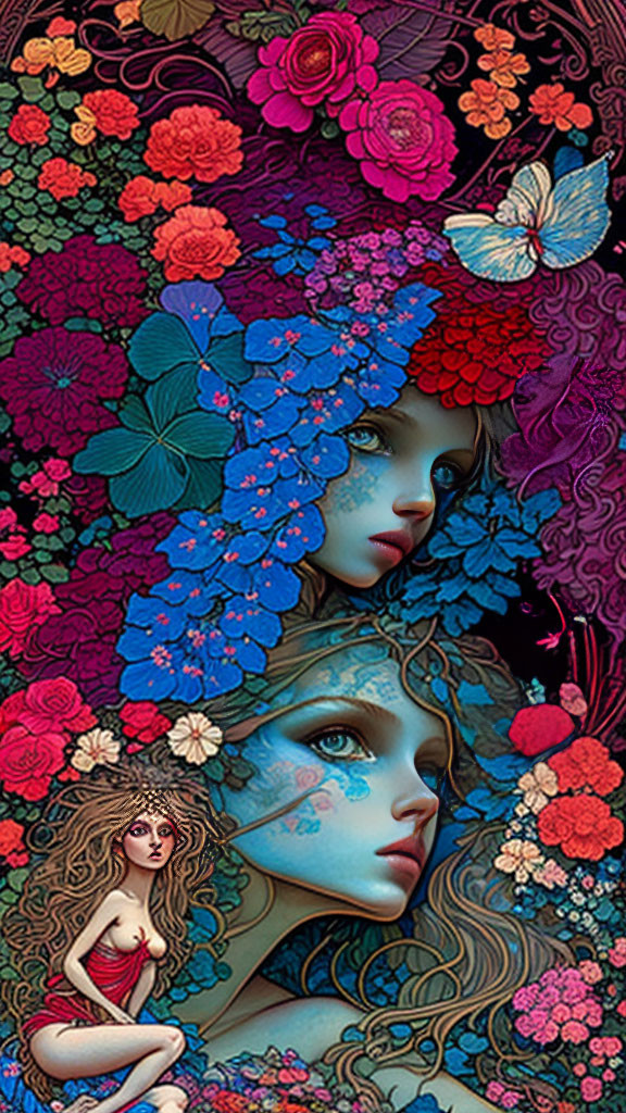 Colorful Artwork of Two Women with Floral Motifs and Butterflies