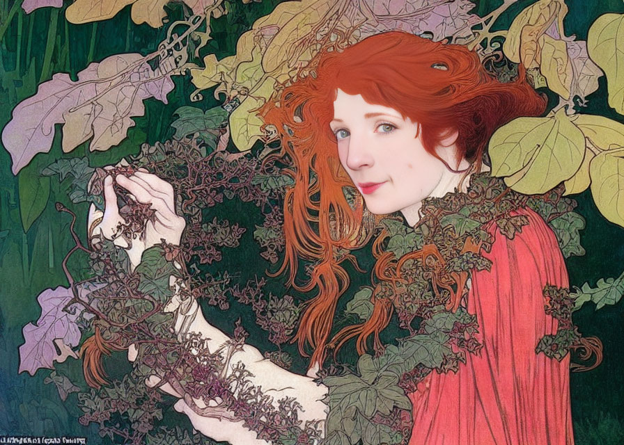 Red-haired person in floral Art Nouveau setting with serene expression