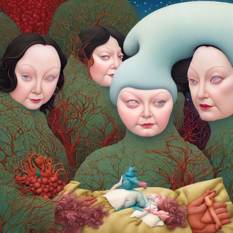 Surreal artwork featuring stylized female faces, vibrant flora, and a small blue creature beside sleeping