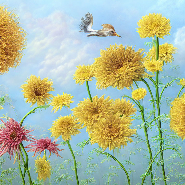 Bird flying among vibrant yellow and pink flowers under blue sky.