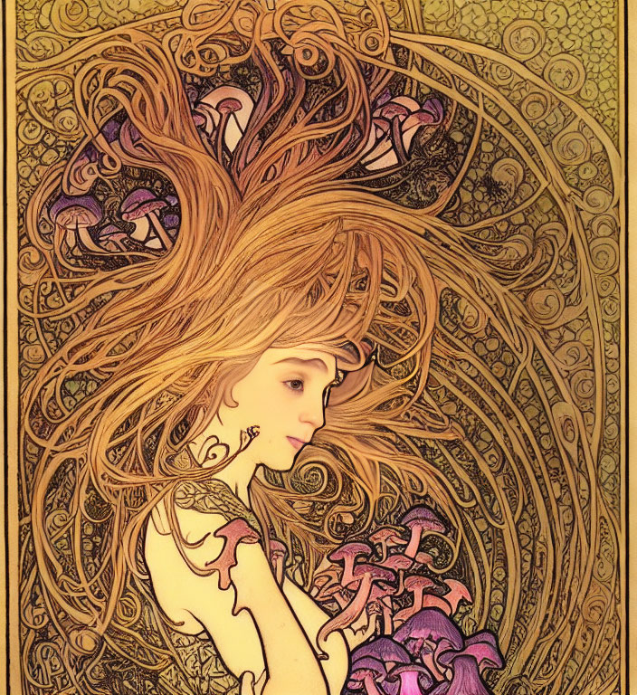 Stylized illustration of person with flowing hair and purple flowers on ornate golden background