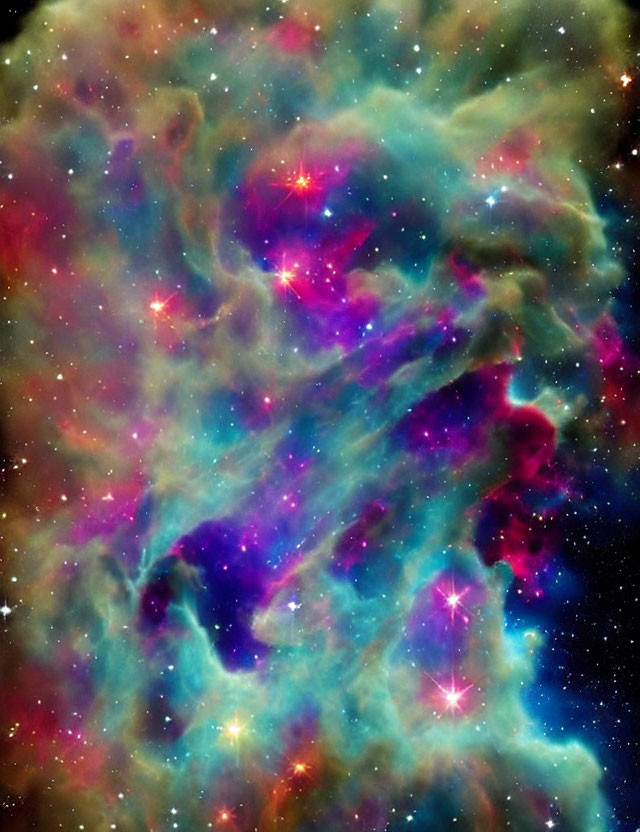 Colorful Nebula with Blue, Purple, Green Swirls and Stars