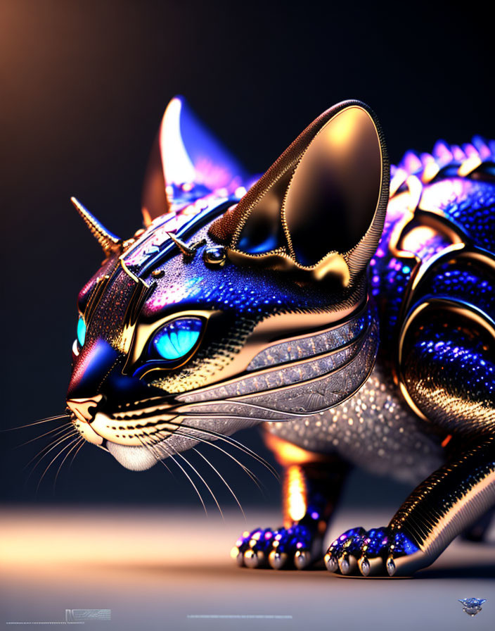 Intricate metallic robotic cat with luminous blue eyes on dark backdrop