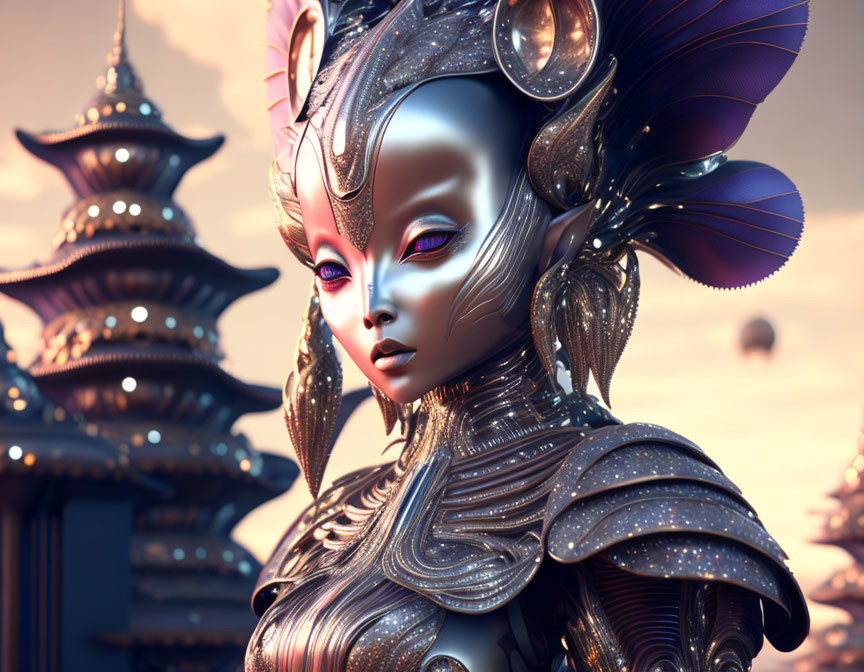 Futuristic metallic female figure with elaborate headgear and armor in digital artwork