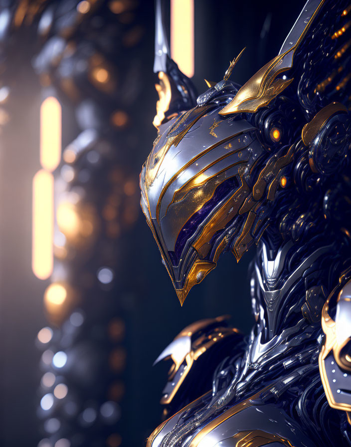 Detailed Close-Up of Futuristic Black and Gold Armor with Glowing Orange Accents