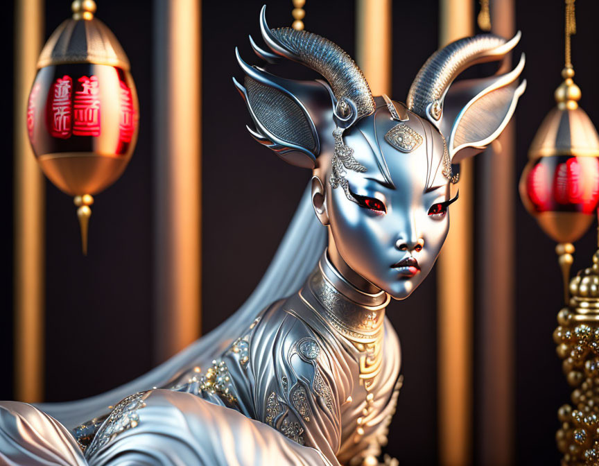 Metallic humanoid figure with goat-like horns in red lantern setting