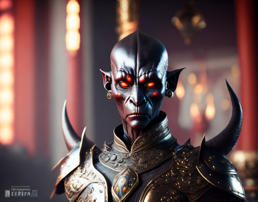 Fantasy creature with black skin, red eyes, horns, and ornate armor in red-lit
