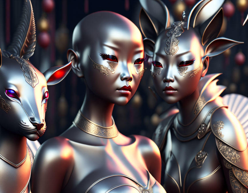 Surreal digital artwork with metallic figures and ornate animal.