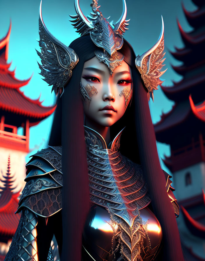 Female warrior 3D illustration with dragon-themed armor in temple setting