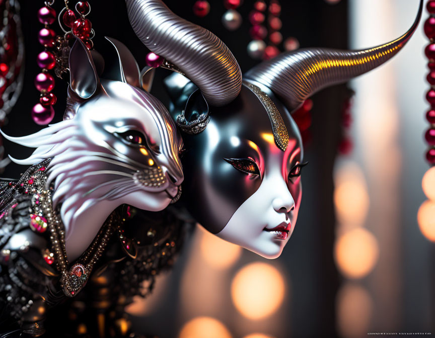 3D artwork of theatrical masked faces with gems, horns, and intricate patterns