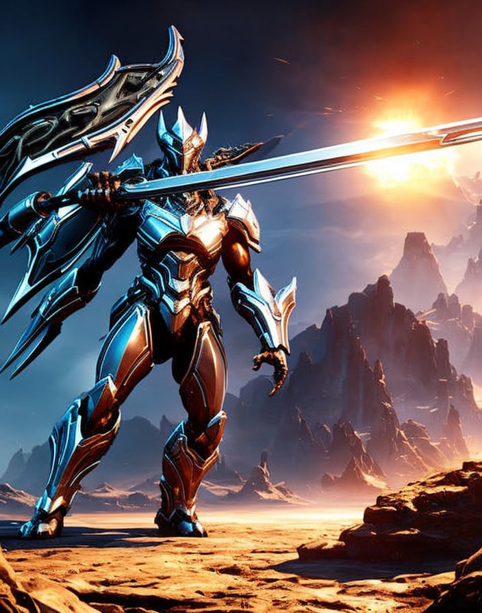 Armored warrior with sword on alien landscape under low sun