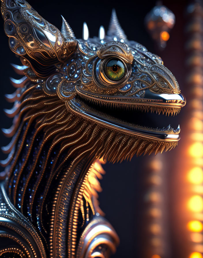 Detailed Metallic Dragon Sculpture with Green Eye and Sharp Teeth on Warm Background