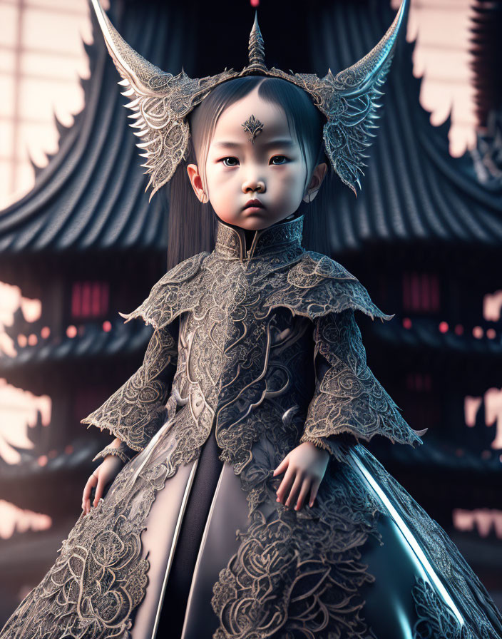 Digital artwork of young girl in ornate fantasy costume against Asian backdrop