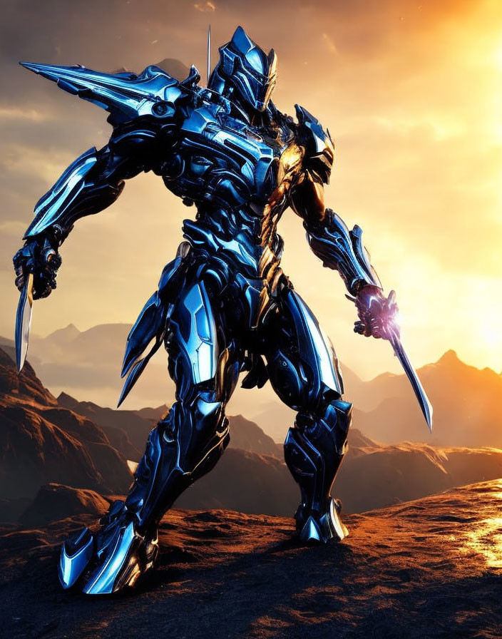 Metallic robot in intricate armor with sword against sunset-lit mountains