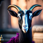 Elaborately costumed person with horns in mythical makeup on bokeh background