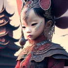 Futuristic metallic female figure with elaborate headgear and armor in digital artwork