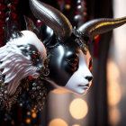3D artwork of theatrical masked faces with gems, horns, and intricate patterns