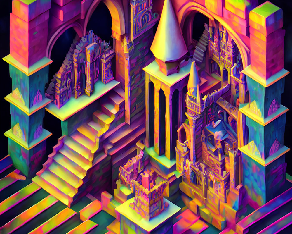 Whimsical neon-lit digital artwork of a fantastical castle