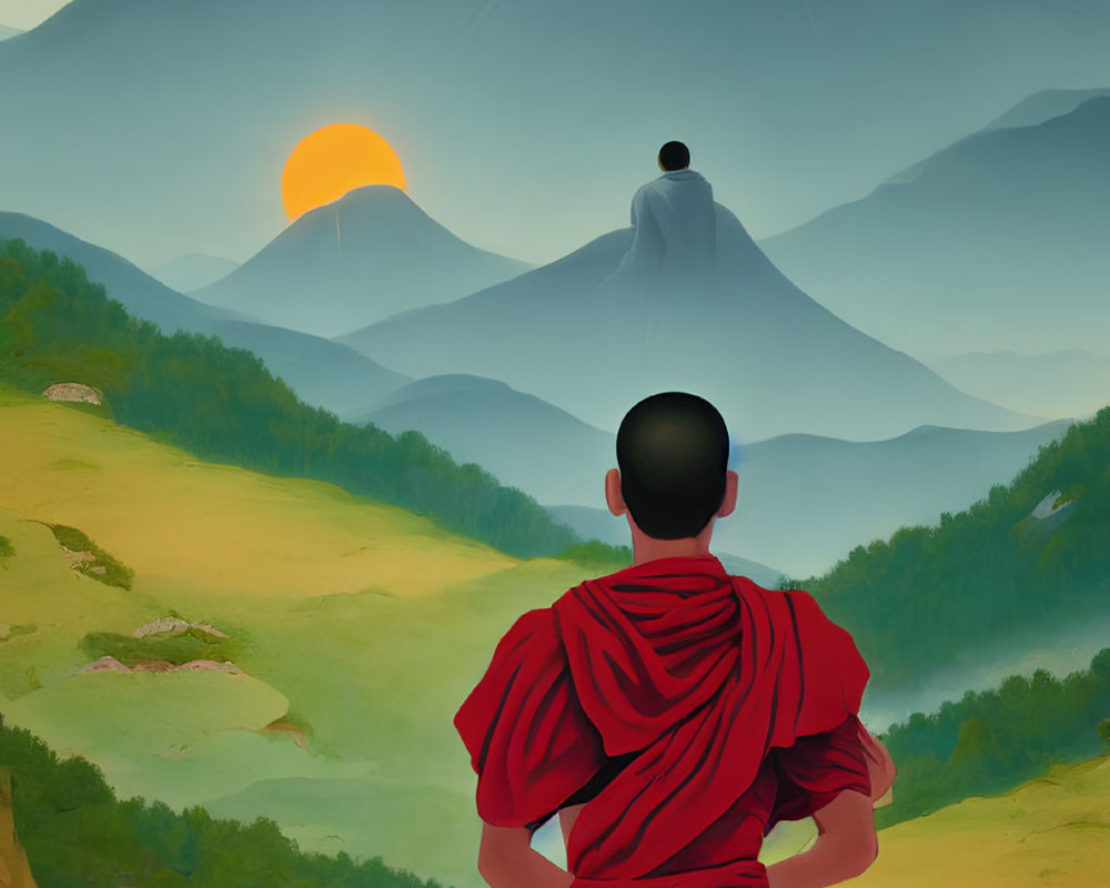 Monk in red robe meditates on hill with serene mountains and volcanic peak at sunset