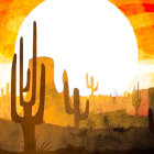 Sunset desert landscape with cacti and rock formations.