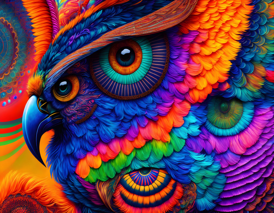 Colorful Owl Artwork with Detailed Patterns and Textured Feathers