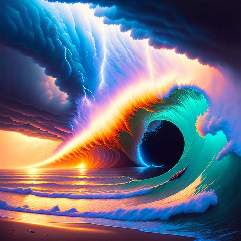 Colorful Surreal Artwork: Massive Wave Tube with Vibrant Lighting