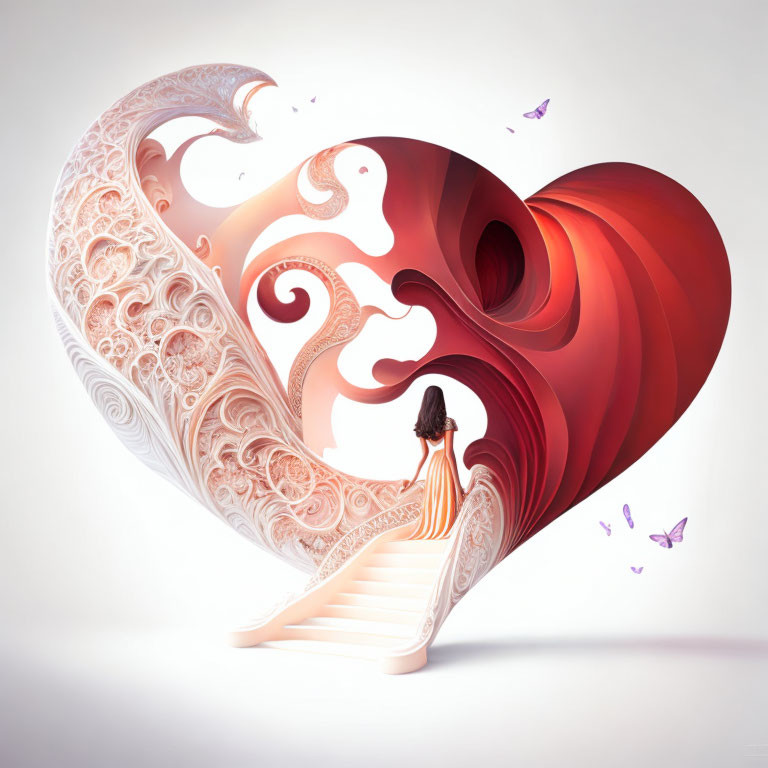 Surreal illustration of woman climbing stairs into massive heart with butterflies and intricate patterns