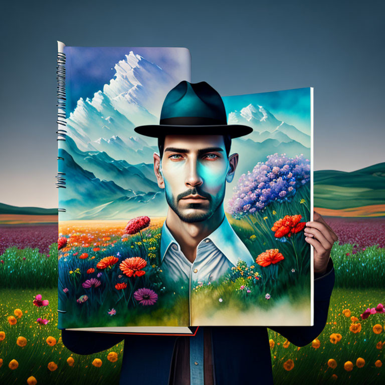 Man blending into vibrant landscape with flowers and mountains