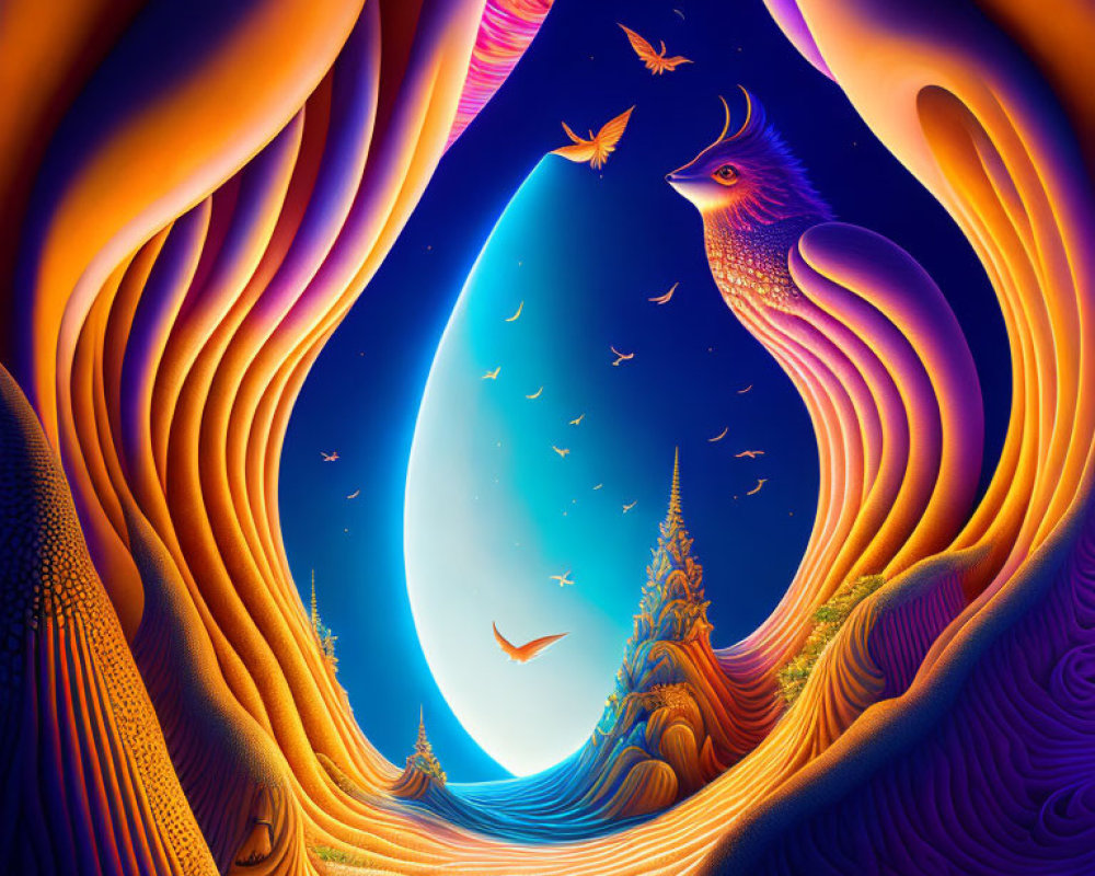 Surreal landscape with moon, birds, and peacock in vibrant hills