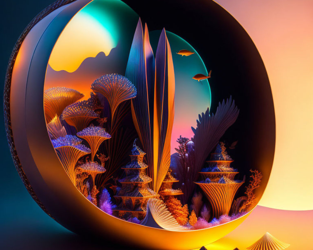 Colorful digital art: spherical portal to fantasy landscape with trees, mushrooms, and birds against sunset sky