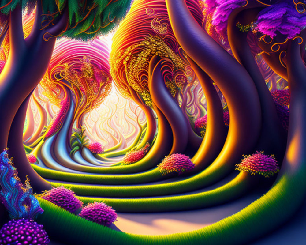 Colorful Psychedelic Forest Digital Artwork with Swirling Trees